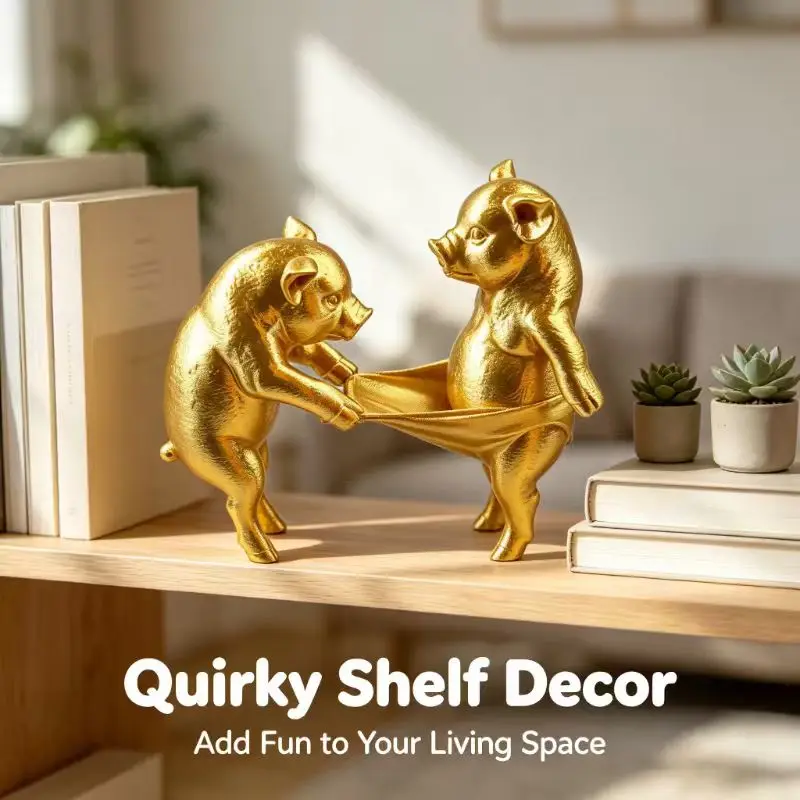 Fun Pink Pig Couple Statue Pulling Pants Sculpture Creative Desktop Decoration Cute Animal Statue Home Shelf Decoration Mischief