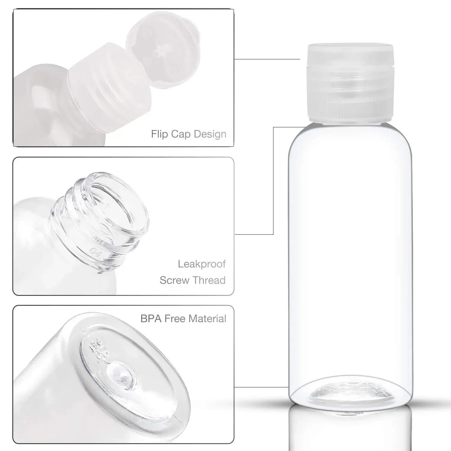 50PCS Plastic Clamshell Squeeze Bottles Clear Refillable 5ml-100ml Containers Suitable for Shampoo Lotion Liquid Bath Face Cream