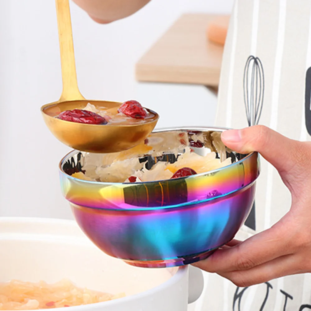 Stainless Steel Bowl,Double Layer Soup Bowls,Heat Insulation Metal Food Serving Set,Tableware for Children,L,Rainbow