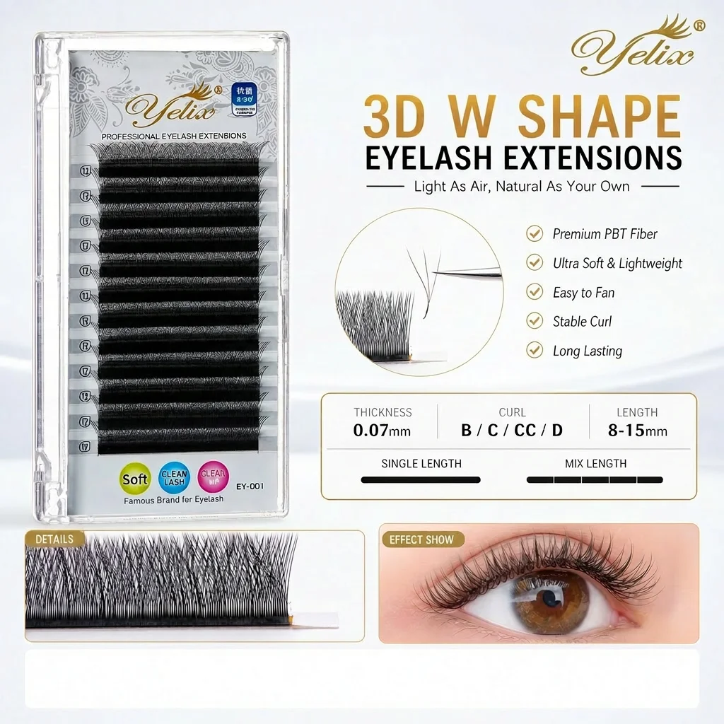 Yelix 3D W Shaped Eyelash Extensions Natural Fluffy Premade Volume Lashes Soft Stable Curl Individual False Eyelashes for Profes