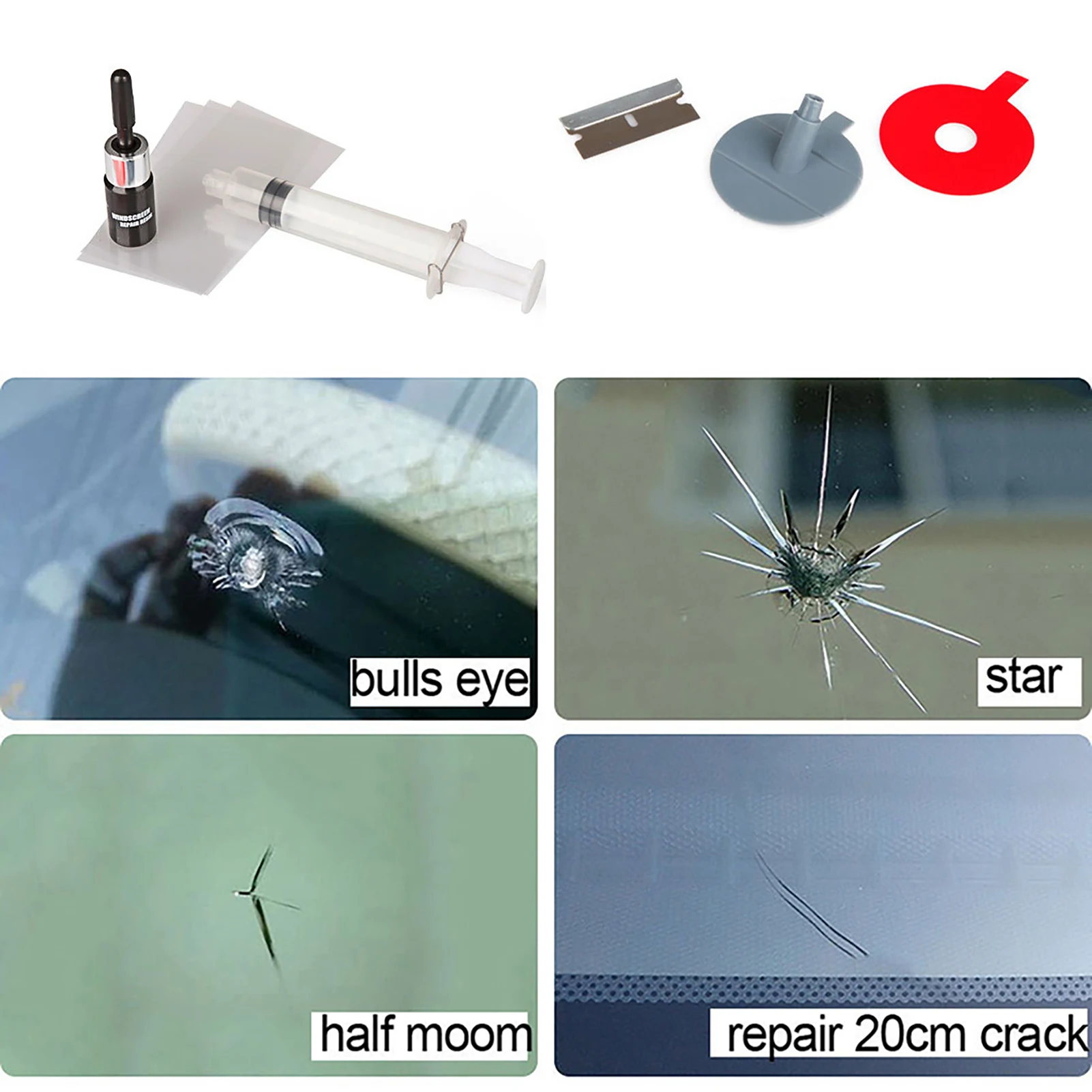 35g Auto Windshield Glass Repair Tool Set Repairing Resin for Windscreen Chip Scratches Bull-Eye Star Shape Half-Moon Cracks