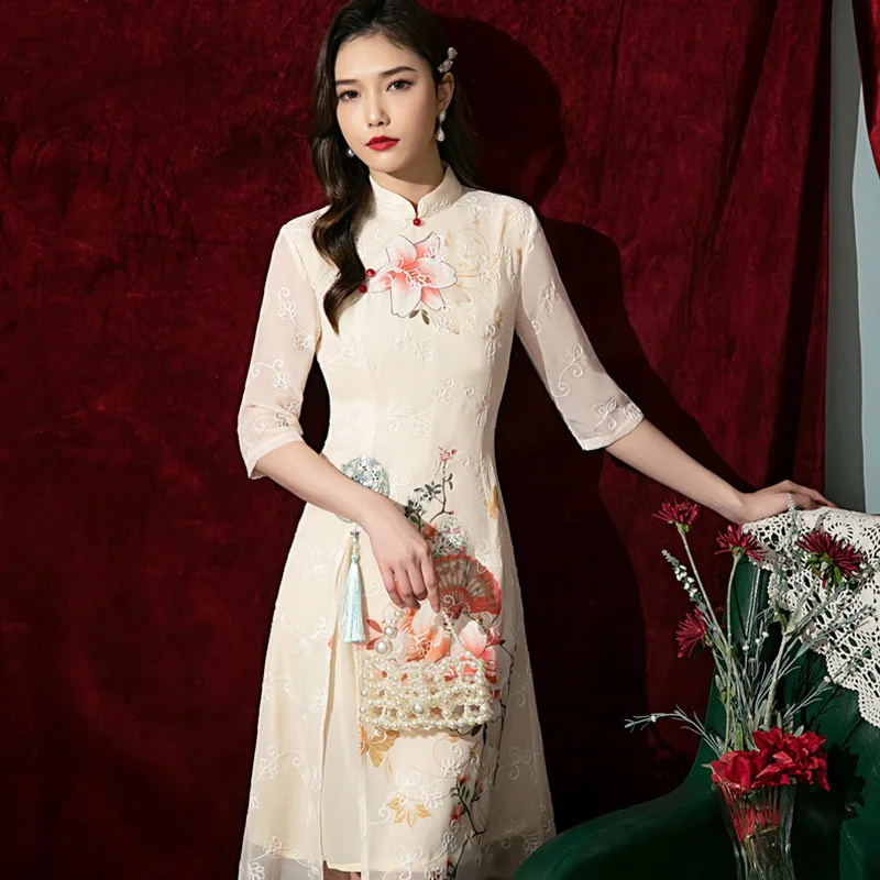 

Summer 2024 Mid-length Chiffon Embroidery Cheongsamn Chinese Style Evening Dress Lily Ao Dai Improved Qipao for Women