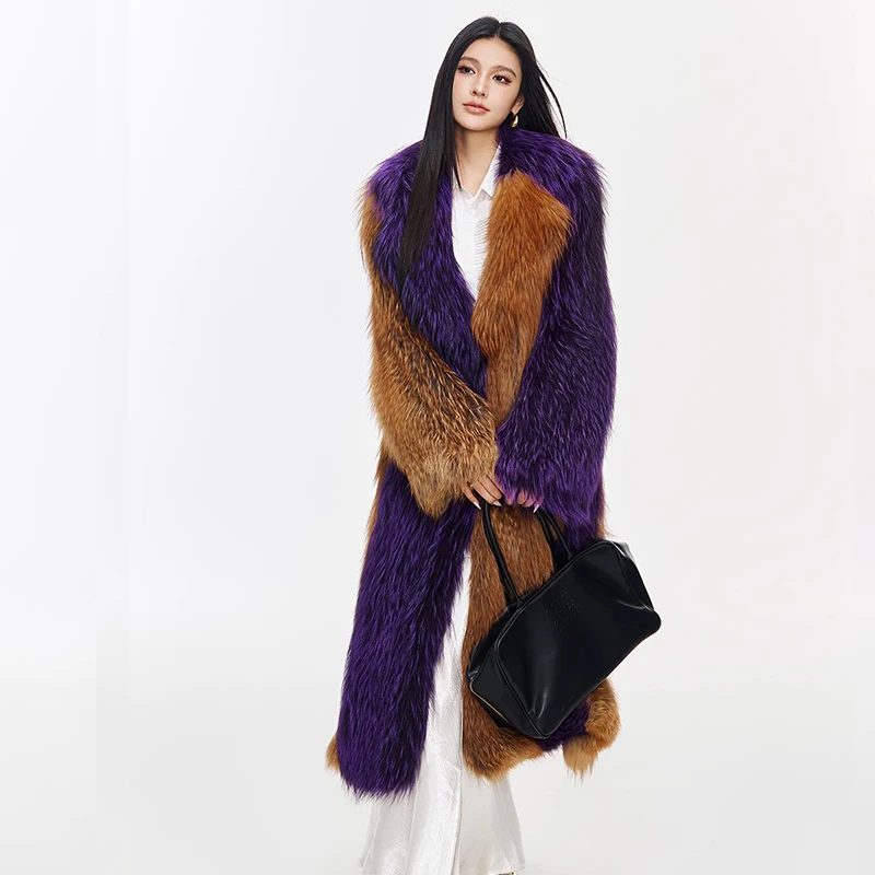 Ftangaiur Women Winter Import Fox Fur Coat Long Sleeve Patchwork Female Fox Coats Turn-Down Collar X-Long Natural Fox Fur Coats