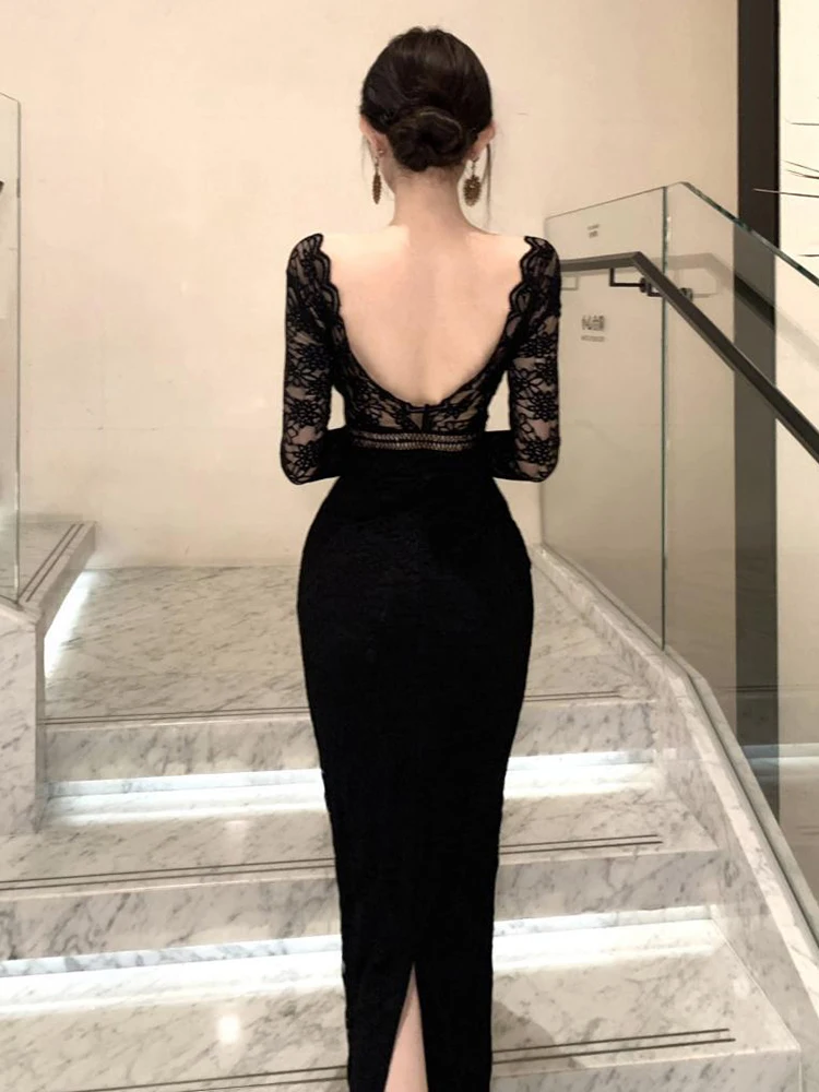 Moda abito di pizzo nero formale festa backless sottile maxi abito lungo donna sexy scollo a V manica lunga aderente abito da ballo abiti da donna