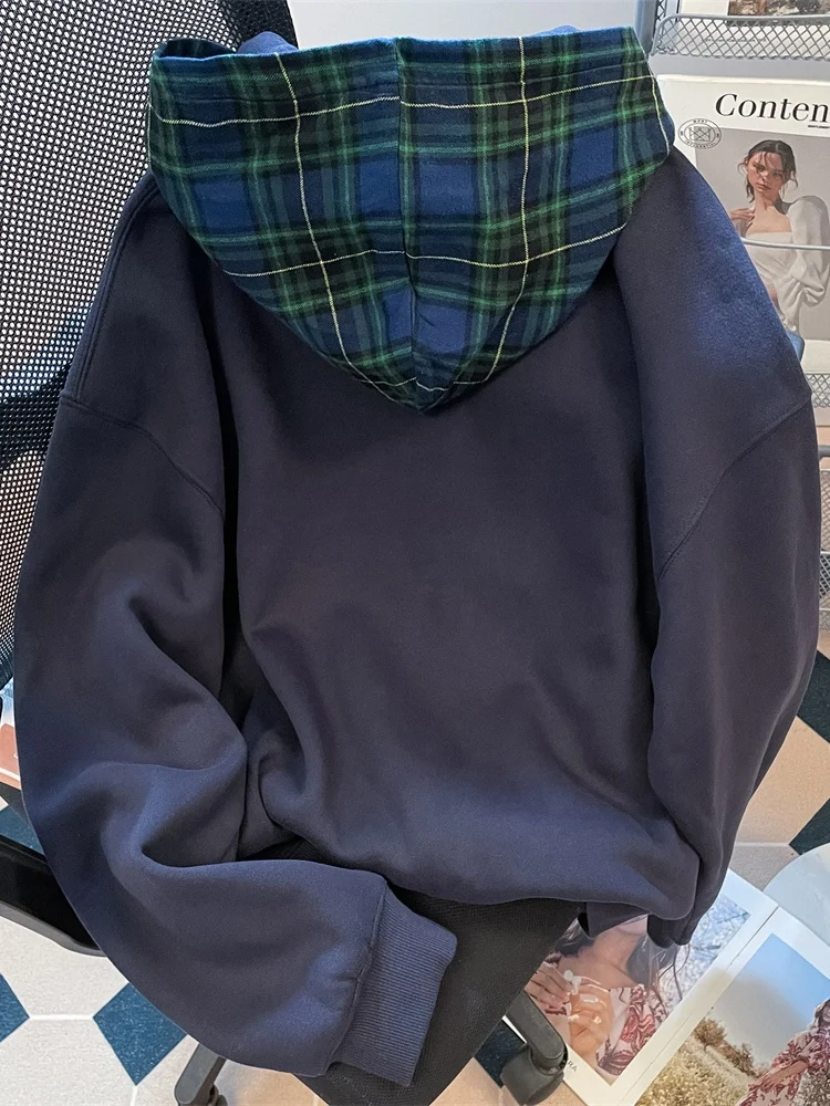 

American High Street Plaid Patchwork Hoodie Thiened Fce Thin Autumn Winter Outerwear Jaet for Men And Women