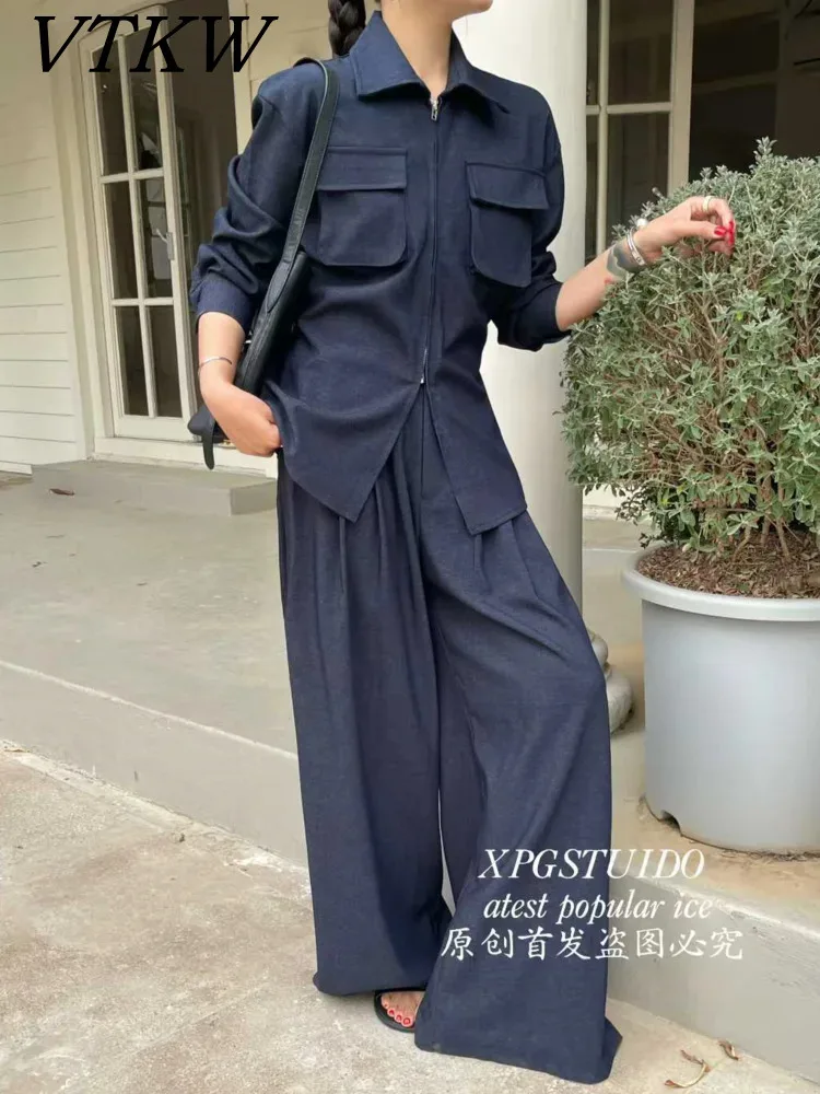 

VTKW 2026 New Arrival Women Two Piece Pants Set Zip Up Cargo Shirt Jacket Flap Pockets High Waist Pleated Wide Leg Trousers
