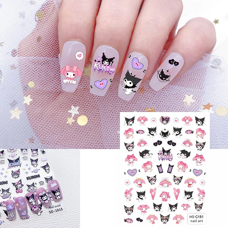 1 arkusz 3D Kawaii Cartoon Sanrio Naklejki na paznokcie Hello Kitty Kuromi Cinnamoroll Animacja Naklejki na paznokcie Press On Nails Art Supplies