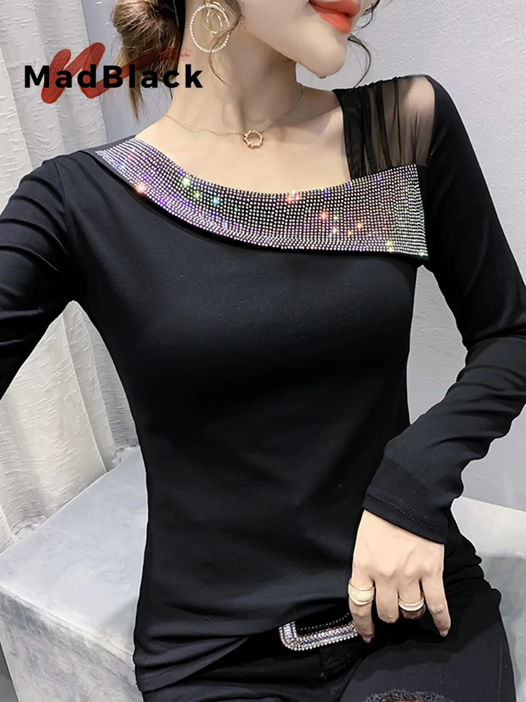 MadBlack-Women European T-Shirt, Sexy Skew Collar Diamond, Clubwear Design Sense Long Sleeve Slim M-3XL Tee, 2026 Fall T69245CC