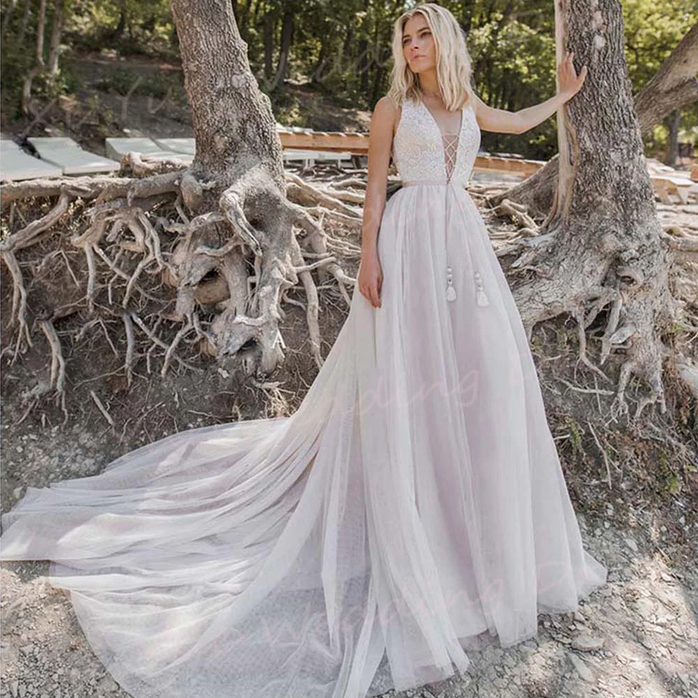 Robes de mariée A-Line pour femmes, appliques de dentelle simples, mariée moderne, tout ce qui est classique, fibroBeach Tulle