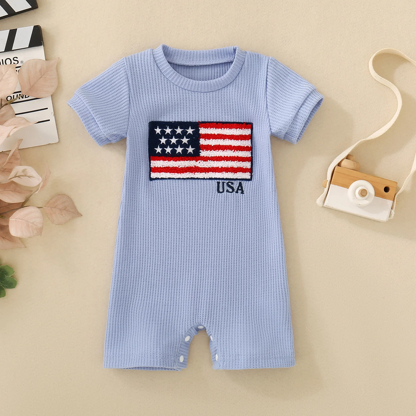 Summer neutral baby sky blue big flag embroidered one-piece short climb Independence Day