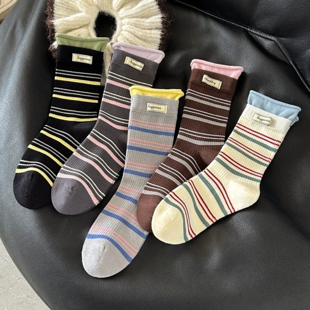 Fake Two-Piece Design Crew Socks Soft Knit Texture Mid-Calf Length Mid-Calf Socks Striped Pattern Stacking Socks For Women