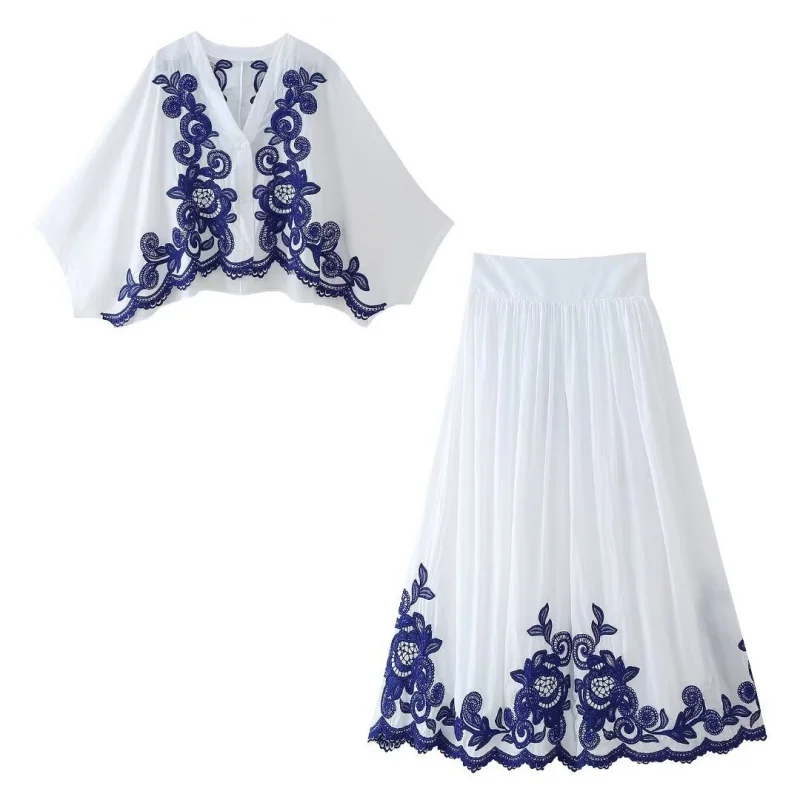 

Summer New European and American Cross-Border Women's Fashion Color-Block Embroidered Shirt+Women's Skirt Set