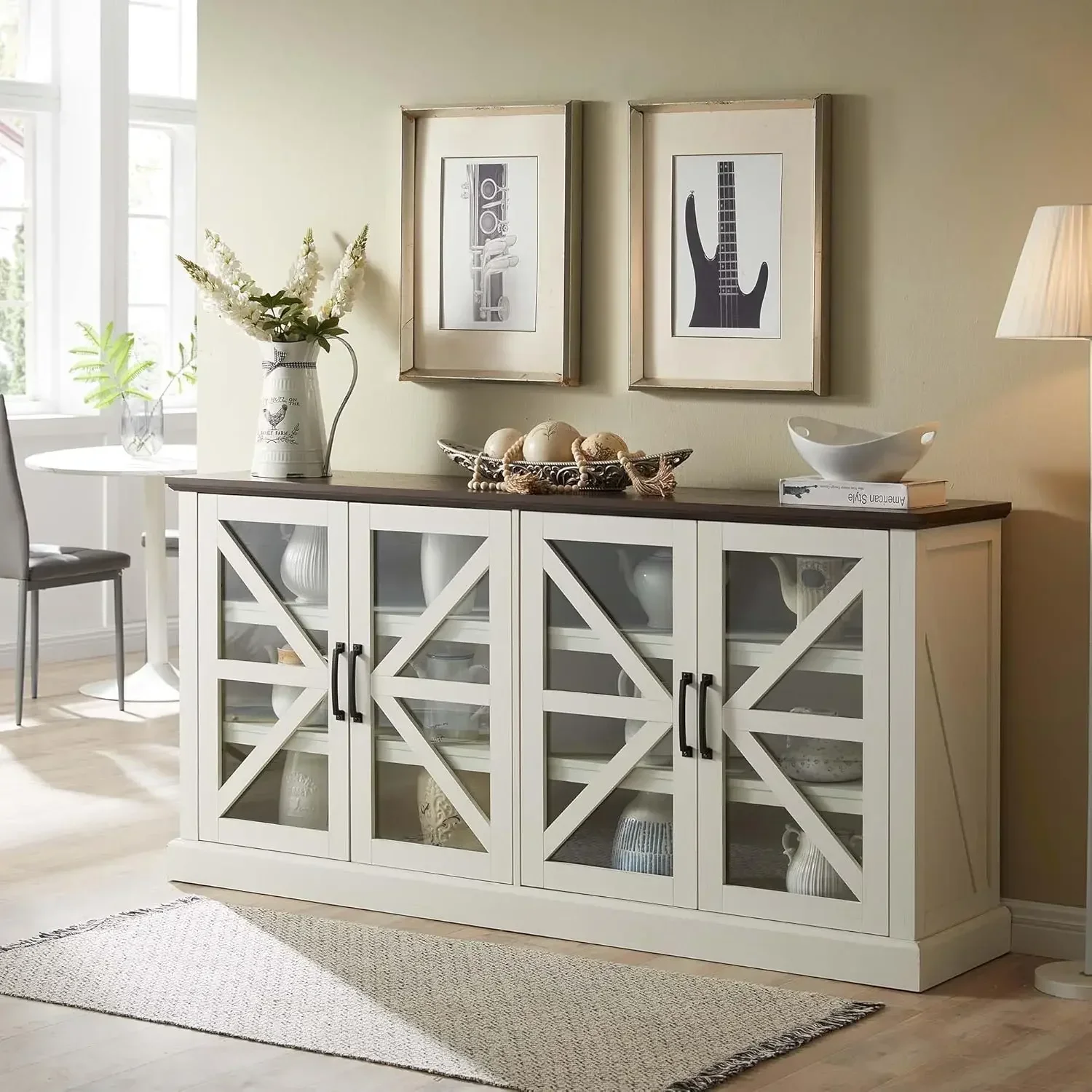 

Farmhouse Buffet Cabinet with Storage, 70" Wood Rustic Sideboard Buffet Cabinet w/4 Glass Barn Doors & Adjustable Shelf (White)