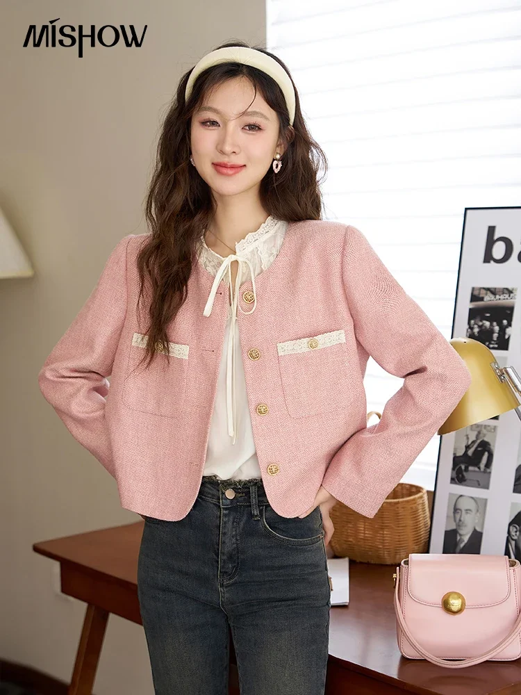 

MISHOW Fragrant Pink Coat 2023 Autumn Metal Buttons Pocket O-Neck Single Breasted Commute Elegant Wide-waisted Jacket MXC42W0032