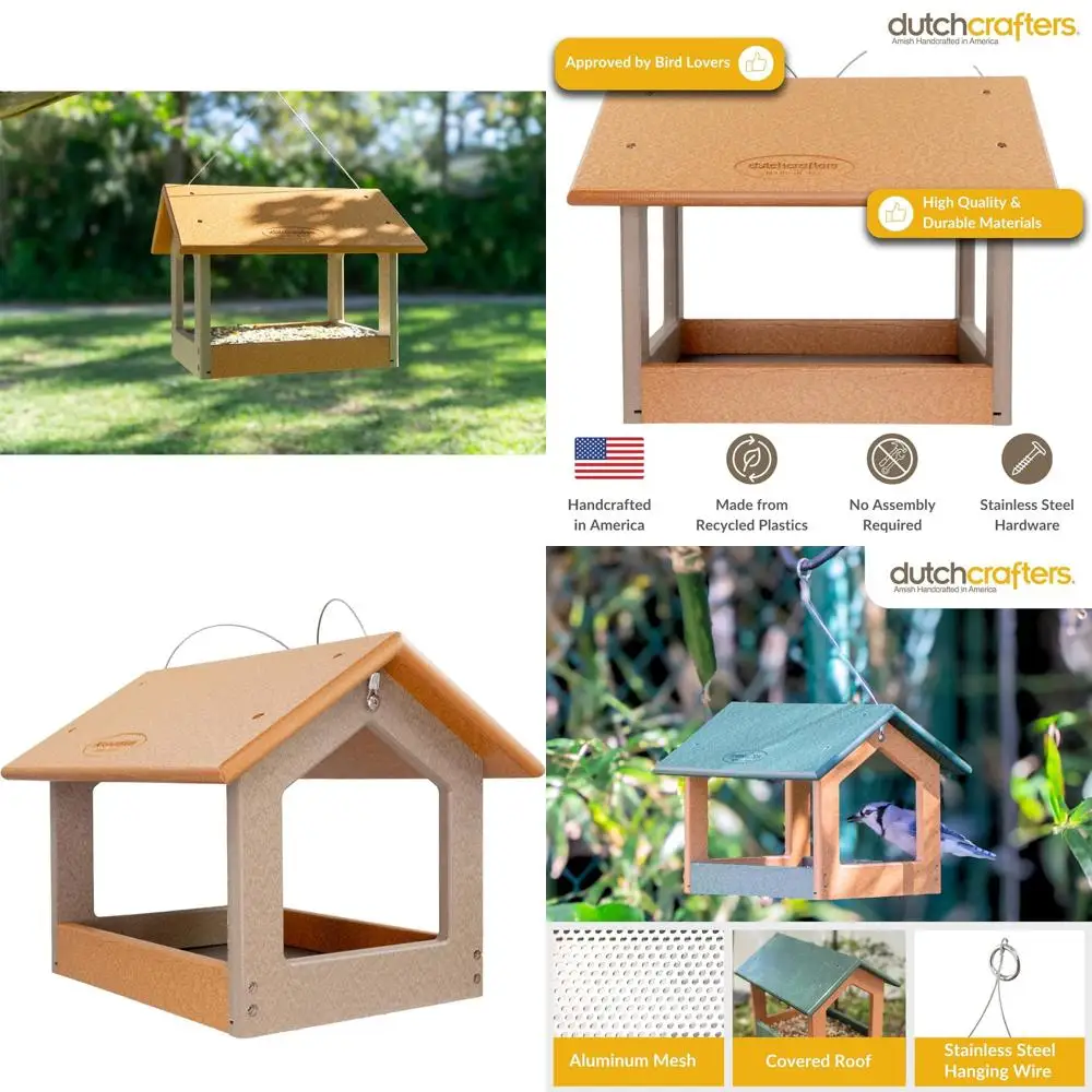 

Большая подвесная кормушка для птиц из переработанного пластика с крытой платформой для сада и двора