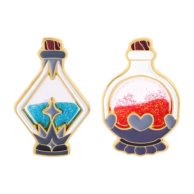 Glitter Magic Potion Bottle Enamel Pins Love Heart Star Design Witch Brooches Cute Fantasy Lapel Badges Jewelry Gift For Girls
