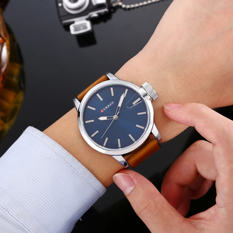 CURREN 8208 Men's Quartz Watch Fashion Blue Simple Business Brown Leather Strap Analog Display Wrist Watches for Male Clock Gift