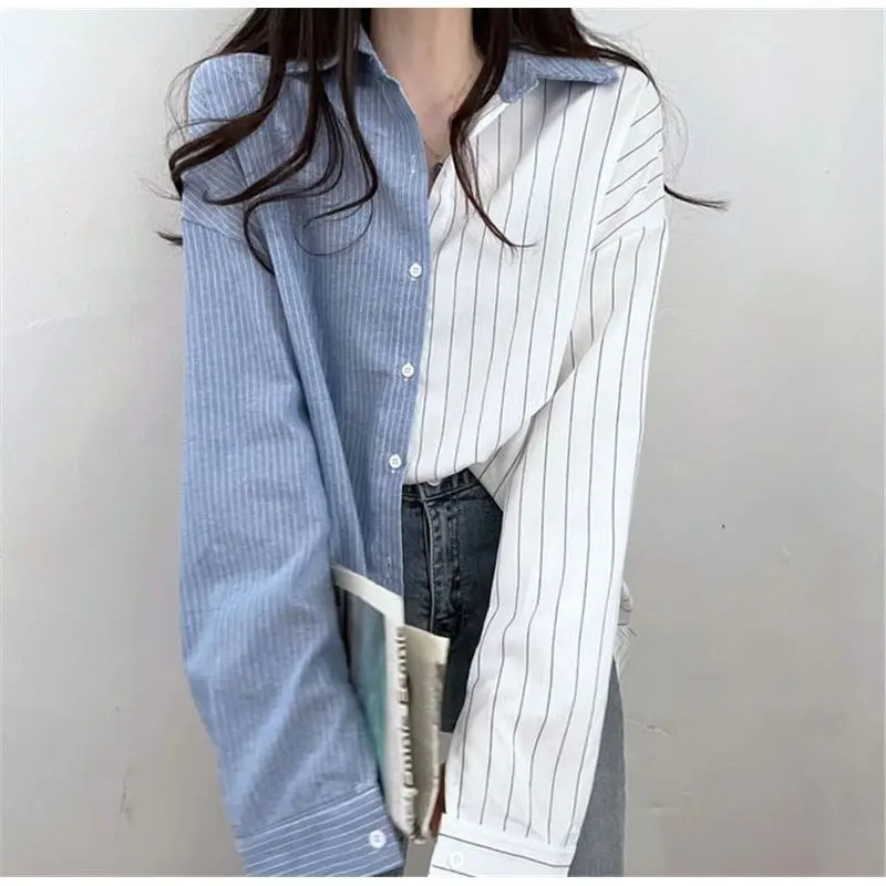 Autumn Fashion Striped Patchwork Korean Casual Blouse Women Long Sleeve Single-breasted Popularity Wild Popularity Lady Shirt