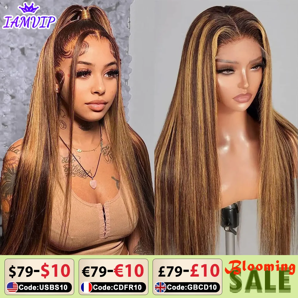 IAMVIP-Cabelo humano remy reto para mulheres negras, peruca dianteira do laço, peruca sem cola, cor do destaque do piano, pré arrancado, 13x4 HD, P4, 27