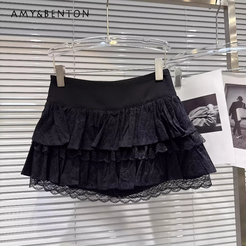 

2026 Summer New Solid Color Women's Cake Skirt Retro Design Black Sweet Lace Hollow Out Splicing High Waist Mini Skirts Ladies