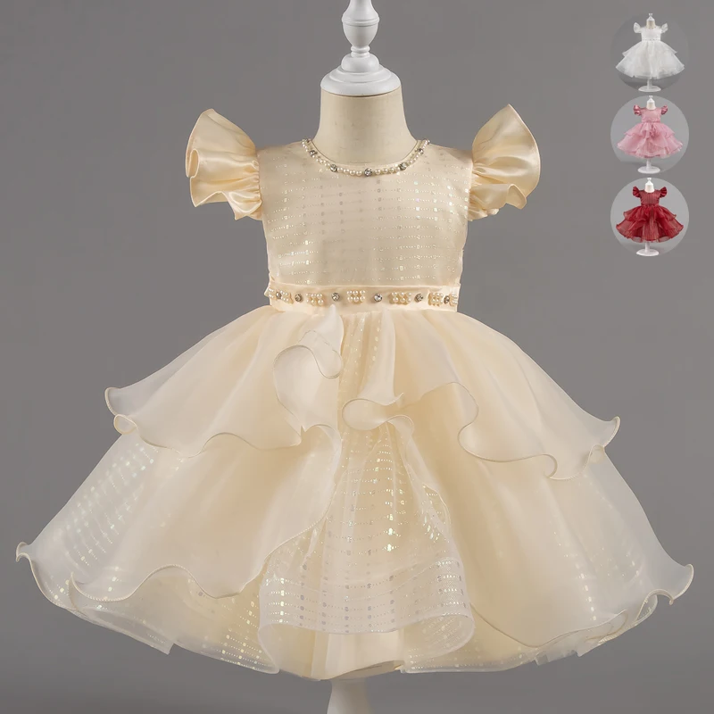 Summer New Girls Party Dress Lace Sleeveless Solid Color Girl Child Wedding Dress Fashion Kids Princess Gown 1-9 Years