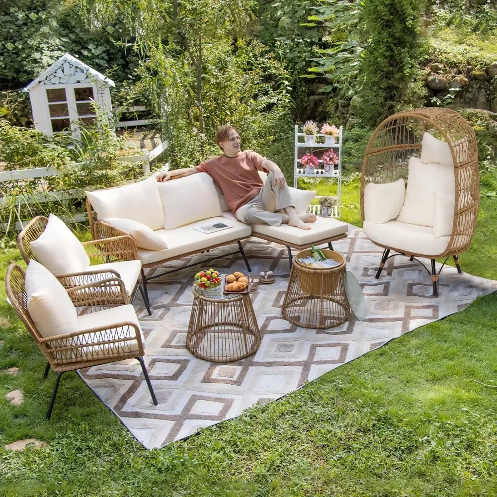 

7-piece Bohemian Style Outdoor Courtyard Furniture Sofa Set, Including Egg Chairs, L-shaped Leisure Chairs, and Beige Cushions