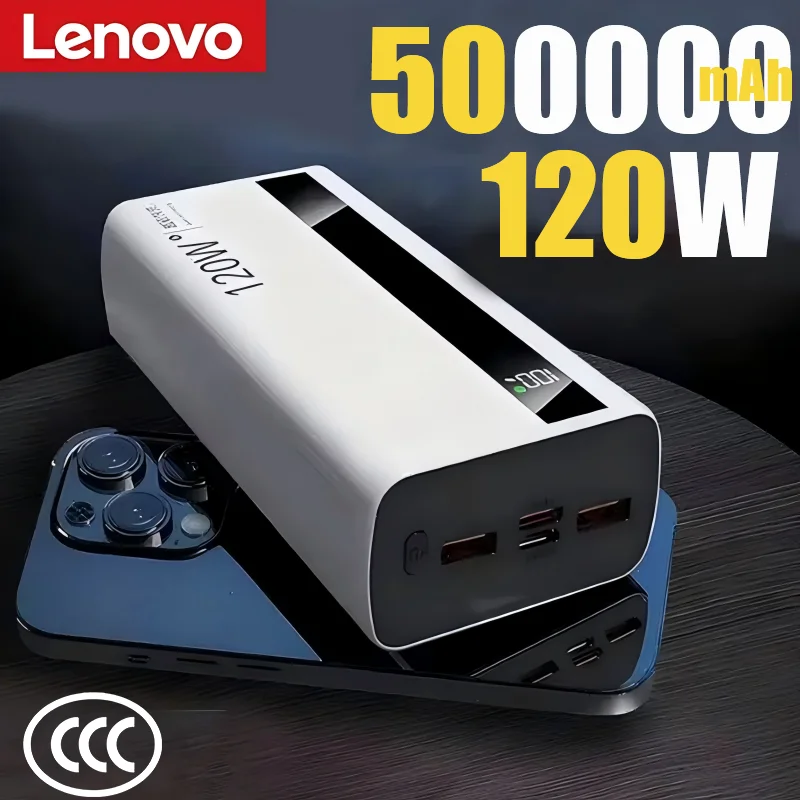 Lenovo 120W 500000mAh Capacity Power Bank Portable Super Fast Charging LED Digital Display External Battery for iPhone Samsung