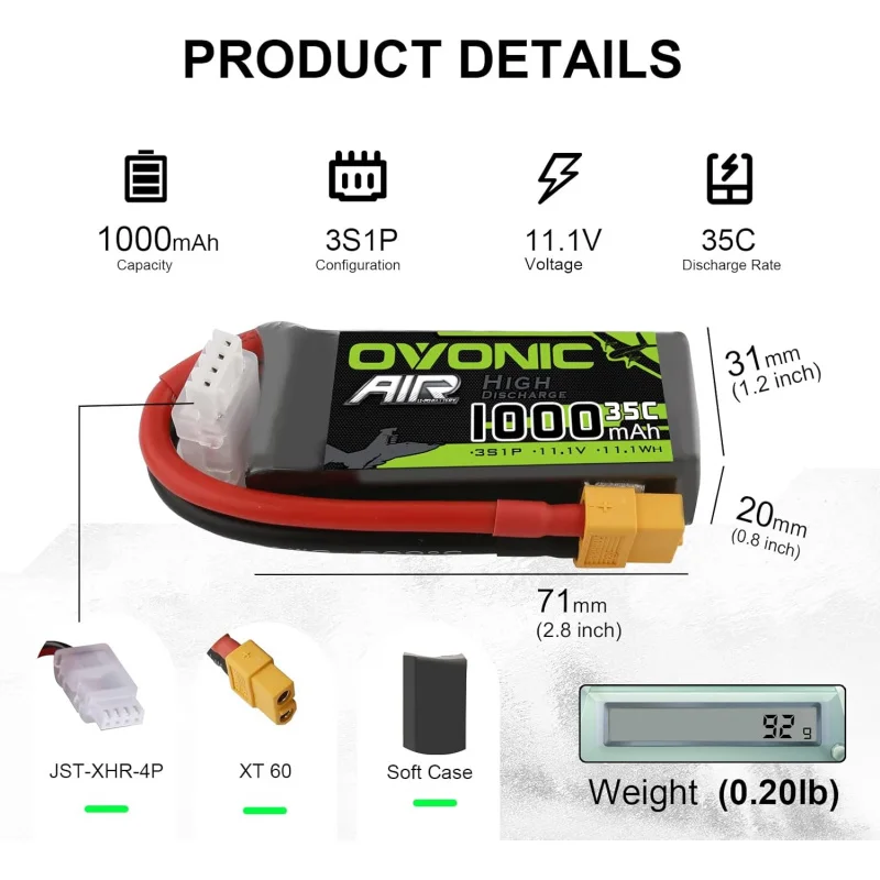 OVONIC 3S Lipo Battery 35C 1000mAh 11.1V Lipo Battery with XT60 Connector for RC Airplane Helicopter Quadcopter FPV Racing Drone