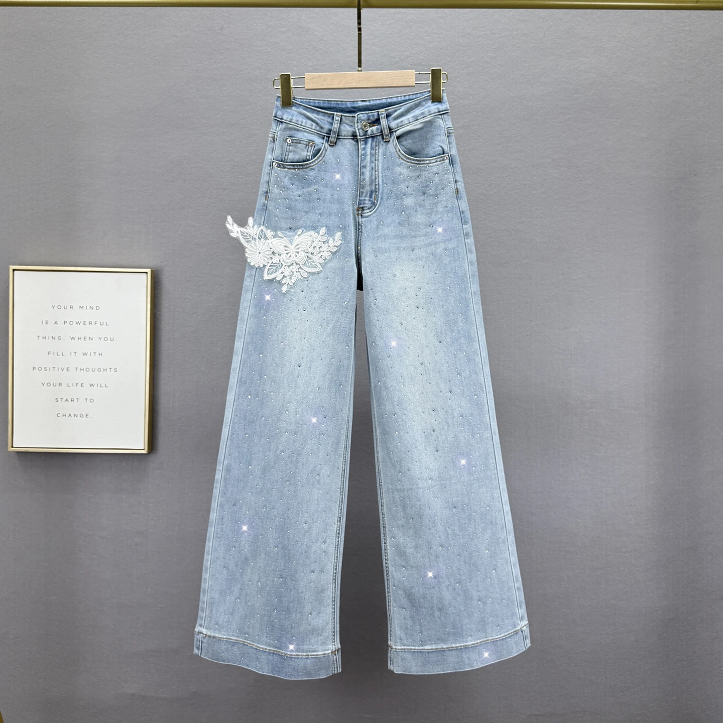 

Популярные женские джинсы со стразами, широкие брюки, осень 2023, новые кружевные лоскутные брюки длиной до пола с высокой талией в европейском стиле