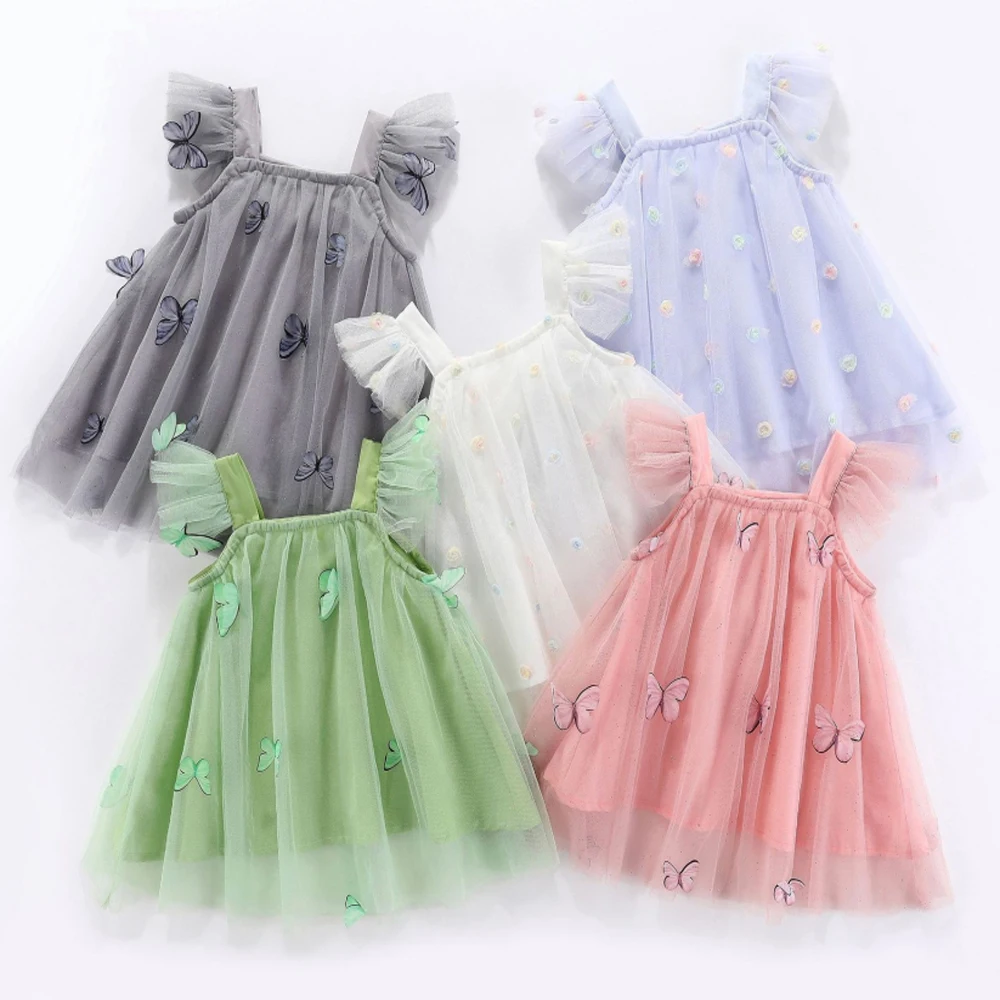 New Baby Girl Clothes Fashion Fly Sleeve Butterfly Polka Dot Applique Baby Girl Dress Cute Baby Clothes Sweet Princess Dresses