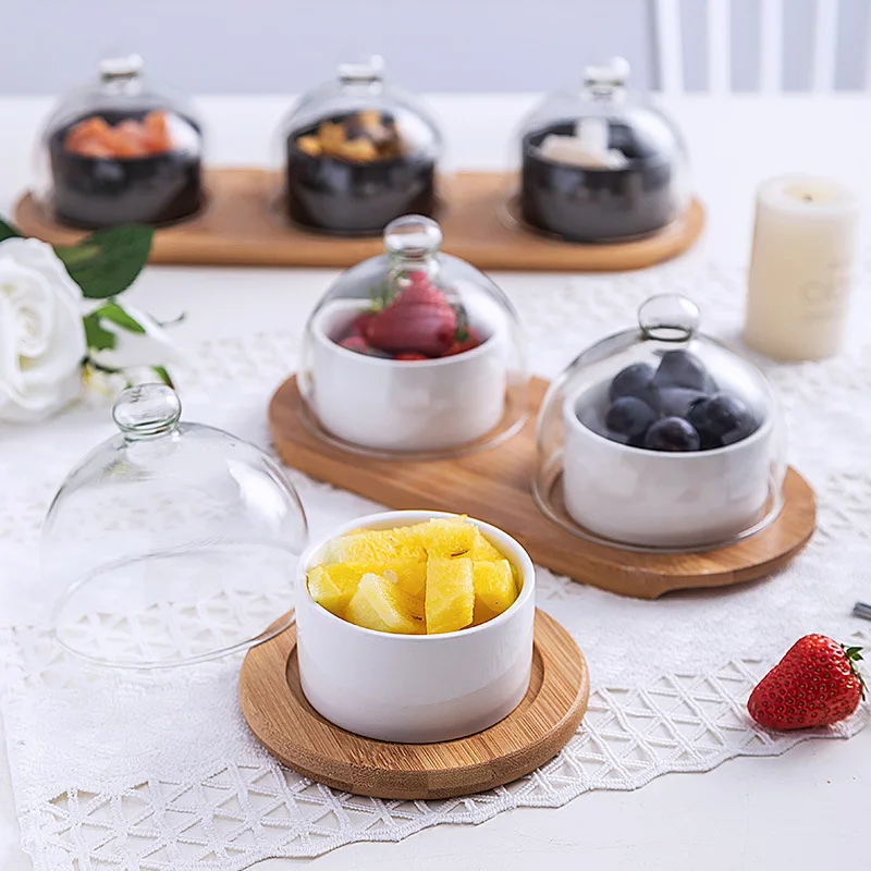 

Hotel salad ice cream bowl, ceramic bread bowl, pudding cup, dessert dish, glass covered bamboo tray