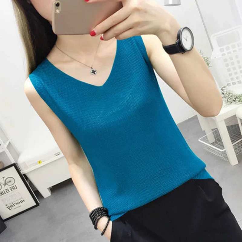 

Solid Color Sleeveless Knitted Thin Sweater Vest for Women Summer Plus Size Ice Silk Camisole Tank Tops Fashion Women Clothing