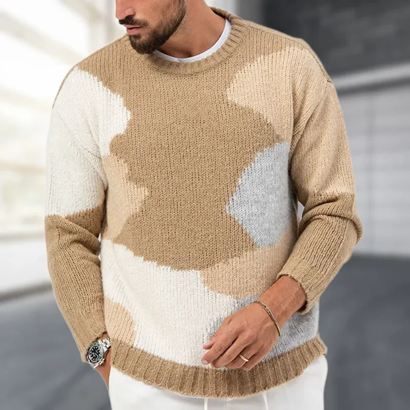 American Youth High-end Knitted Sweater for Men, Spring and Autumn Color-block Jacquard Thick-needle Fashionable Sweater M-3XL