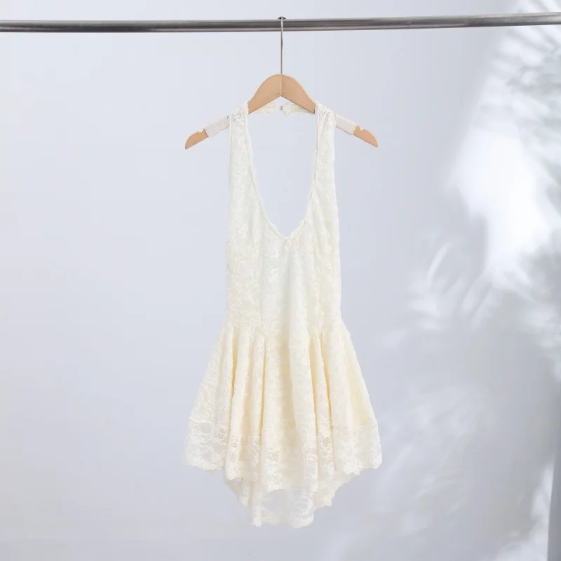 V-Ausschnitt Neckholder Spitzen-Minikleid Damen Mode Tailliertes A-Linien-Kleid Rückenfreies Ärmelloses Kurzes Vestido Sommer Damenkleider – Detail 5