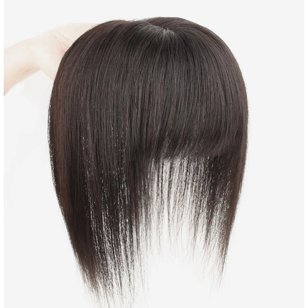 8X12cm 13X13cm Women Breathable Human Hair Silk Base Topper with Bangs Pu Toupee Hair Piece Straight With Clips in 3 Colors