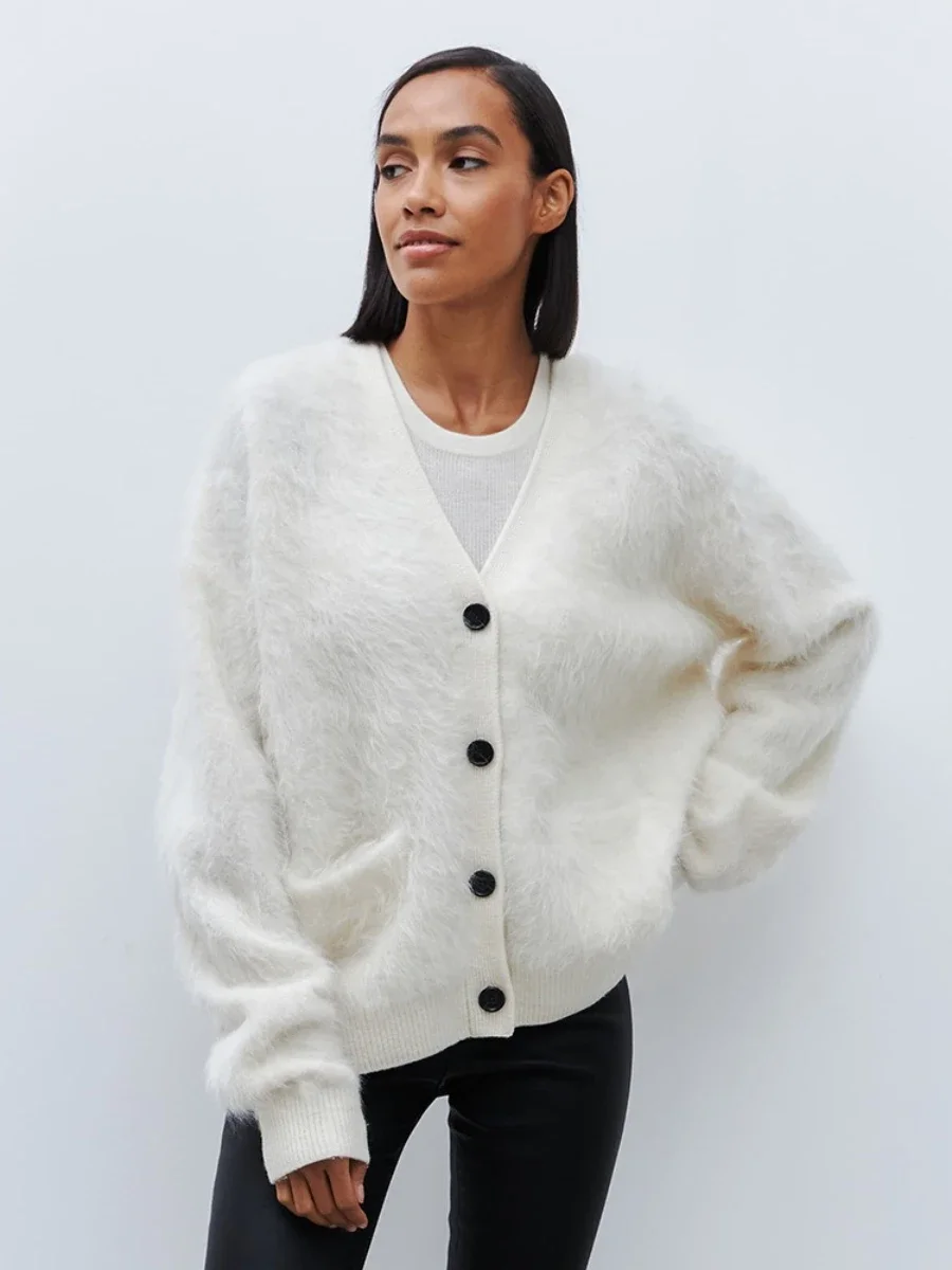 Inverno feminino falso pele de vison cardigan malha macia botão acima camisola moda na moda solto ajuste
