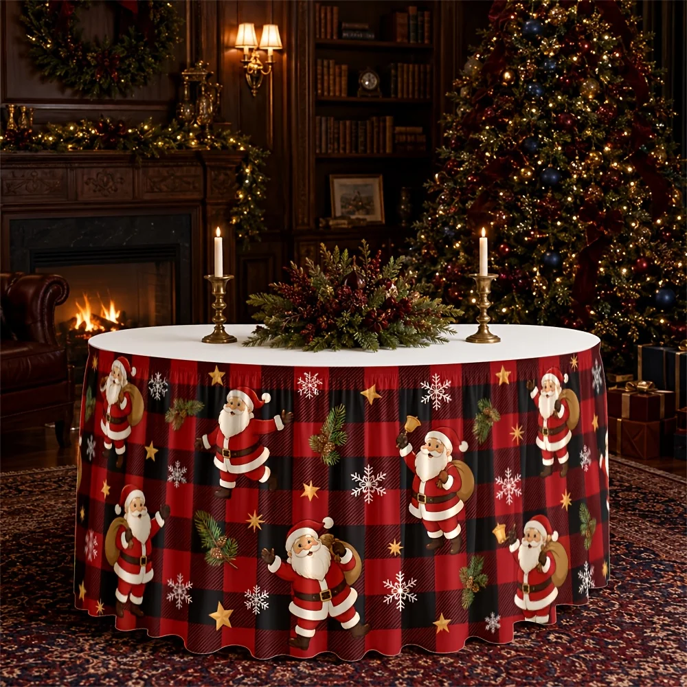 Table skirt Santa Claus, red and black check pattern, snowflakes, pine branches, stars, festive atmosphere, warm and cheerful