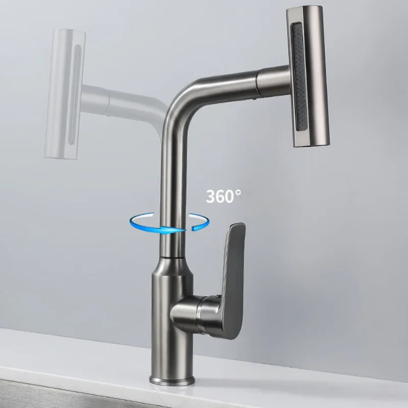 Grey Pull-Out Kitchen Faucet SUS304 Chrome Rotating Kitchen Tap Hot & Cold Sink Faucet  Sink Dishwasher Multifunctional Faucet