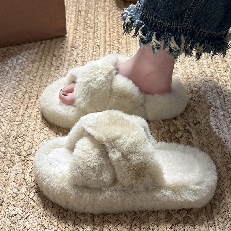ZUOFU Damen Flauschige Pantoffeln mit Kreuzriemen, Herbst Winter, 4cm Plateau, EVA-Sohle, Warme Rutschfeste Indoor-Hausschuhe – Detail 6