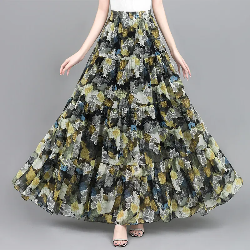 花柄のロングシフォンスカート,自由奔放に生きるスタイル,伸縮性のあるウエスト,大きいサイズ,足首の長さ,新しい夏のコレクション2024