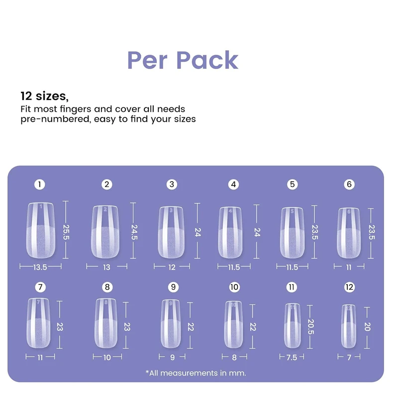 120 Pieces, 450 Pieces, 600 Pieces Medium-Sized Square Nail Tips: 240 Pieces of Soft Gel Transparent Square Pre-Shaped Nail Tips, 12 Different Sizes Full Cover False Nail Tips Suitable for Acrylic Nail Tips, Home Diy, Salon Nail Art
