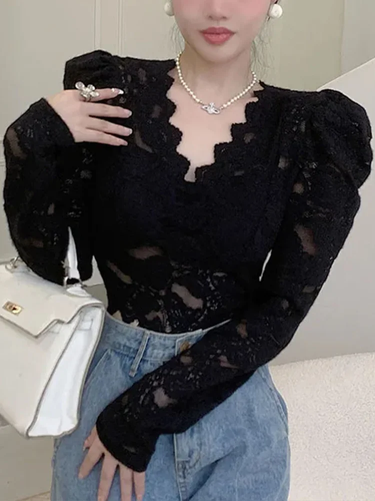 Lace Blouse Women Vintage Crop Long Sleeve Top Female Sexy Fashion See Through Shirt Ladies Elegant Aesthetic V Neck Blouses