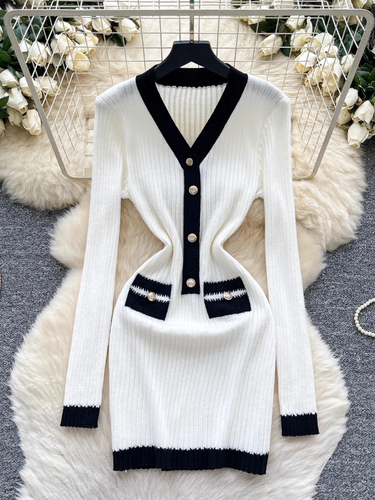 French Small Fragrance Knit Dresses Long Sleeve V Neck Contrast Color Dress Female Slim Fashion Elegant 2025 New Women Clothing