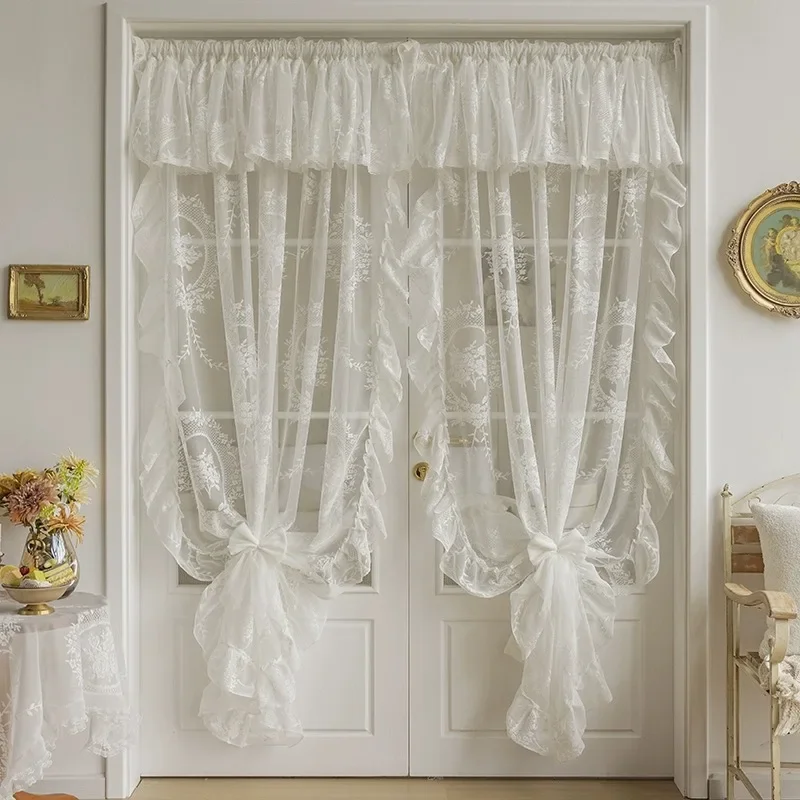 French  Elegant White Embroidery Ruffle Tulle Curtains with Valance For Girls Bedroom Living Room Sheer Drapes Rideaux Voilage