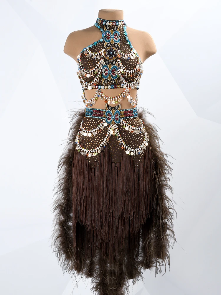 ET vestido de baile latino marrón vestido de baile de ritmo de competición strass con plumas y flecos