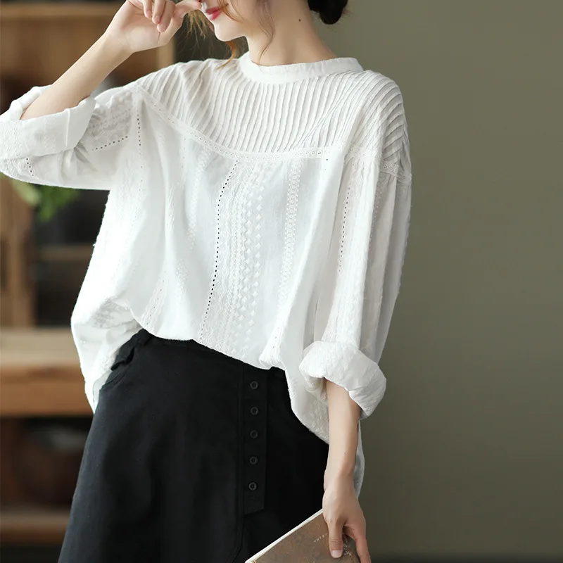 

Blouses Women Shirt Vintage Round Neck Casual Loose Full Sleeve Tops Y2k Streetwear Elegant Splice Shirts Work 2026 Spring