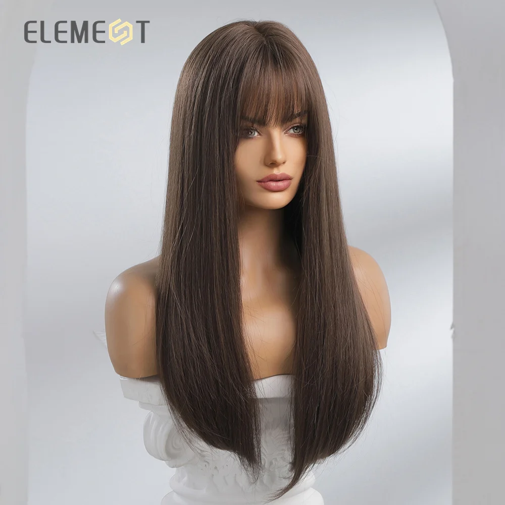 ELEMENT Synthetic Long Straight Black Brown Wigs with Bangs Wig for Women Daily Party Cosplay Lolita Hair Heat Resistant Natural