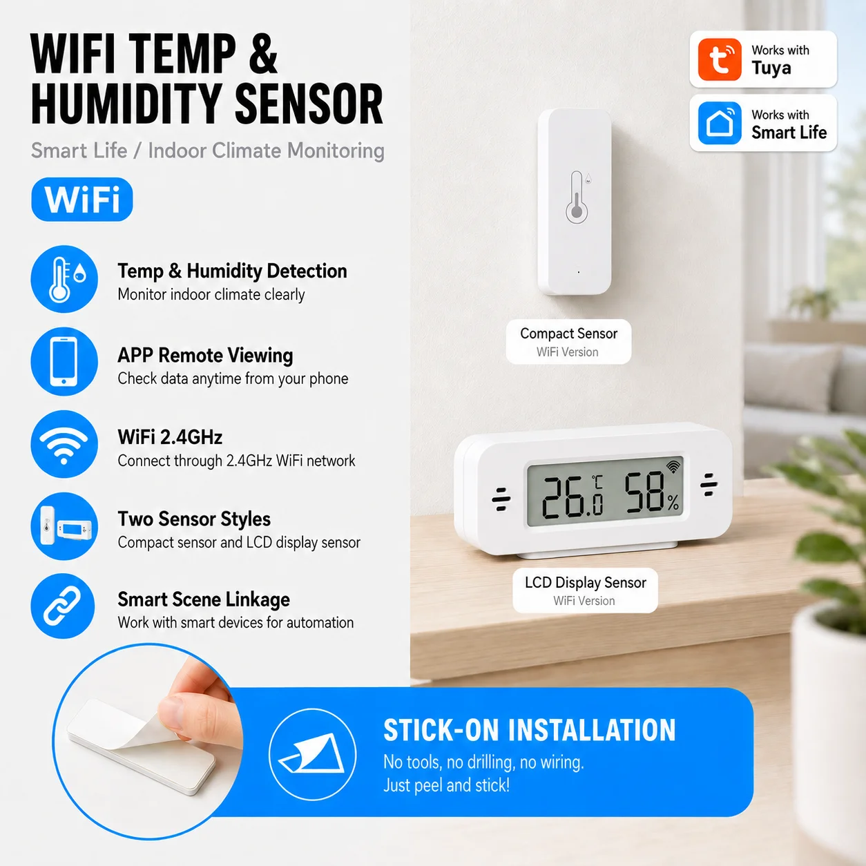 Tuya WIFI Temperatur- und Feuchtigkeitssensor APP Fernüberwachung für Innenräume Smart Home SmartLife Kompatibel mit Alexa Google Home