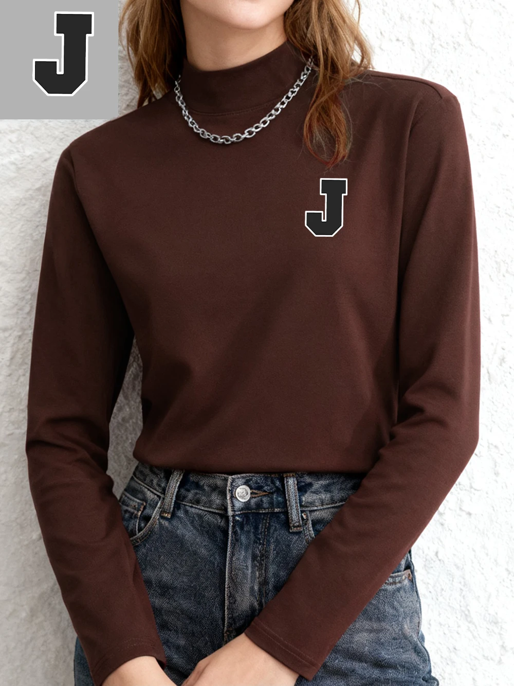 

Simple Letter J Printed T-Shirts Women Autumn Long Sleeves Bottoming Shirt Slim Fit Warm Half Turtleneck Tops Casual Clothes