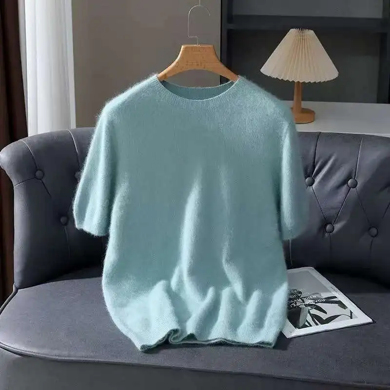 Spring Autumn 100% Mink Cashmere Short Sleeve Men's T-Shirt Loose O-Neck Solid Color Knit Sweater Casual Business Base Pullover